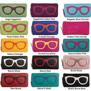 K&ouml;nnte beinhalten: Zwanzig farbenfrohe Leder-Brillenetuis in verschiedenen Farbkombinationen. Jedes Etui hat einen Ausschnitt f&uuml;r eine Brille.