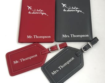 Monogrammed RFID Leather Passport Holder & Luggage Tag Set, Personalized Christmas Gift