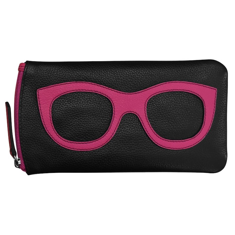 K&ouml;nnte beinhalten: Schwarze Leder-Brillentasche mit rosa Umrandung einer Sonnenbrille. Die Tasche hat einen Rei&szlig;verschluss.
