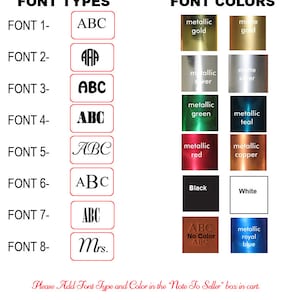 Pu&ograve; includere: Un grafico che mostra otto diversi stili di font per il testo, etichettati da "Font 1" a "Font 8". Il grafico mostra anche 10 diverse opzioni di colore per il testo, tra cui oro metallico, argento, verde, verde acqua, rosso, rame, nero, bianco e blu reale.