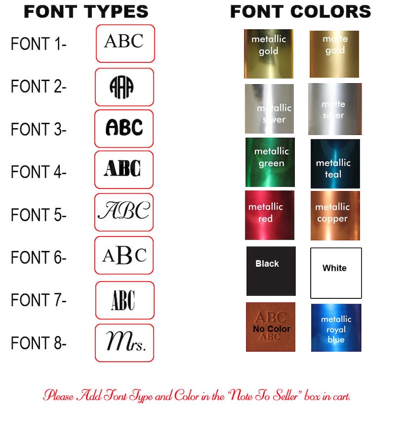 Pu&ograve; includere: Un grafico che mostra otto diversi stili di font per il testo, etichettati da "Font 1" a "Font 8". Il grafico mostra anche 10 diverse opzioni di colore per il testo, tra cui oro metallico, argento, verde, verde acqua, rosso, rame, nero, bianco e blu reale.