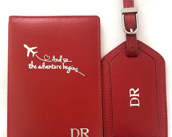 Monogrammed Leather Passport Cover & Luggage Tag Set, Personalized Christmas Gift, RFID Travel Wallet