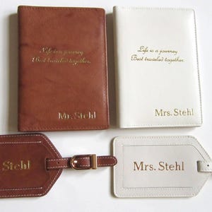RFID Passport wallets and luggage tags with names and quotes.