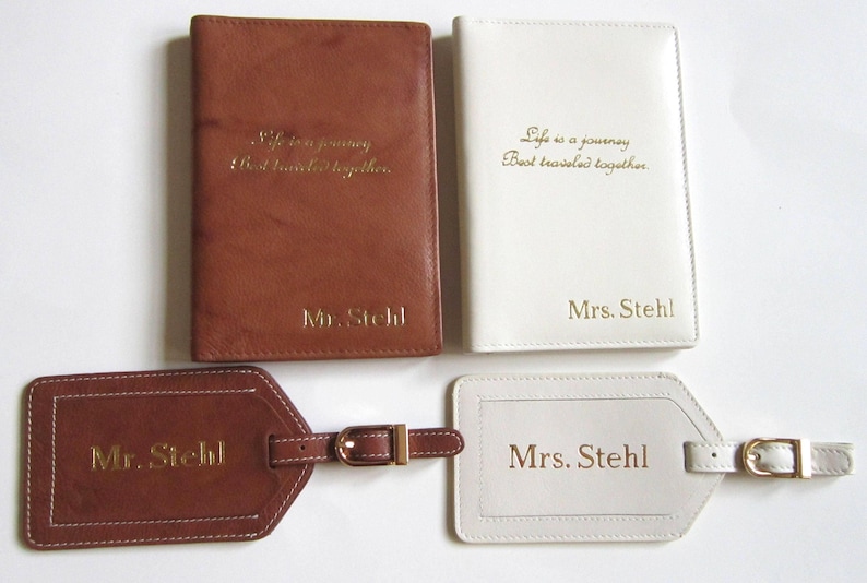 RFID Passport wallets and luggage tags with names and quotes.