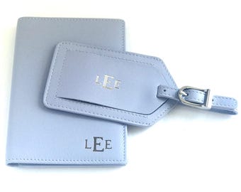 Monogrammed Leather Passport Wallet & Luggage Tag Set - RFID Blocking, Christmas Gift
