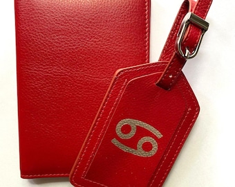 Monogrammed Leather RFID Passport Cover, Zodiac sign Luggage Tag, Personalized Graduation Gift