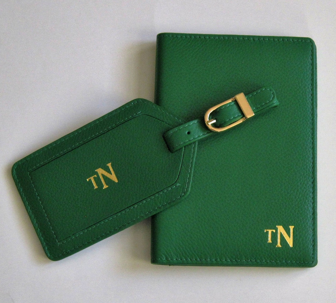 Personalized Monogrammed Leather RFID Passport Wallet and Luggage Tag