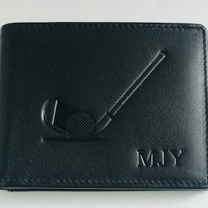 Billetera plegable, billetera de cuero para hombres, regalo personalizado para hombres, billetera con monograma RFID, regalo para esposos, billetera con temática de golf, regalo de San Valentín para hombres