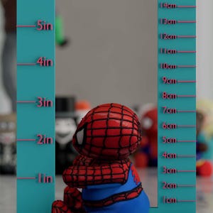 K&ouml;nnte beinhalten: Eine rot-blaue Spider-Man-Figur, etwa 7.6 cm hoch, sitzt vor einer t&uuml;rkisfarbenen Messlehre. Die Figur hat ein detailliertes Netzmuster auf dem Kopf und sitzt. Die Messlehre hat Zoll- und Zentimetermarkierungen.