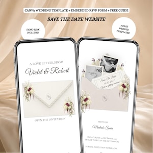 Puede incluir: Dos teléfonos inteligentes que muestran una plantilla de sitio web de bodas de Canva. Las pantallas presentan un gráfico de sobre con detalles florales, el texto A LOVE LETTER FROM Violet & Robert y detalles de una boda en Madrid el 10 de diciembre de 2027.