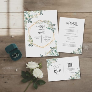 Greenery Wedding Invitation Set Template, Editable Canva Suite, Botanical Gold Geometry, RSVP Details Card, Digital Download, 5x7 4x6 A5