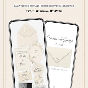 Puede incluir: Dos smartphones que muestran una plantilla de sitio web de boda. El diseño presenta una invitación con los nombres "Victoria & George" y la fecha "26.05.28". El texto incluye "5 PAGE WEDDING WEBSITE" y "CLICK FOR THE DETAILS".