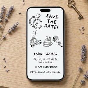 Funny Wedding Save the Date Template, Editable Canva, Cute Rings Flowers Car Cake, Digital Invitation, 2 Sizes, Instant Download