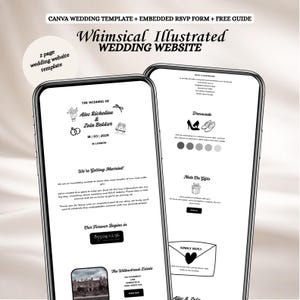 Puede incluir: Dos smartphones que muestran una plantilla de sitio web de boda ilustrada de forma caprichosa. La plantilla incluye detalles de la boda, código de vestimenta e información de RSVP. El diseño es en blanco y negro con elementos decorativos.