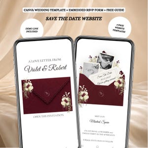 Puede incluir: Dos teléfonos inteligentes muestran una plantilla de sitio web de bodas. Las pantallas presentan un sobre burdeos con detalles florales, el texto A LOVE LETTER FROM Violet & Robert, OPEN THE INVITATION, y detalles de una boda en Madrid el 10 de diciembre de 2027.