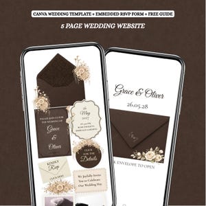 Puede incluir: Dos smartphones que muestran una plantilla de sitio web de bodas. El diseño presenta un esquema de color marrón con acentos florales y los nombres "Grace & Oliver". El texto incluye "RSVP" y detalles de la boda.