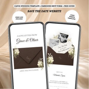 Puede incluir: Dos teléfonos inteligentes que muestran una plantilla de sitio web de bodas de Canva. Las pantallas presentan un sobre marrón, flores blancas y texto como A LOVE LETTER FROM Grace & Oliver, SAVE THE DATE y 10.12.2027. Incluye formulario RSVP.