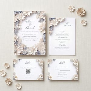 Puede incluir: Elegante juego de invitaciones de boda con detalles florales en blanco, beige y gris. La invitación principal muestra los nombres "Olivia & Daniel" y los detalles del evento. Incluye tarjetas RSVP y de detalles.