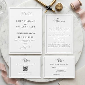 Puede incluir: Elegante juego de invitaciones de boda con un diseño minimalista. El conjunto incluye tarjetas de invitación, detalles y RSVP. Las tarjetas presentan texto negro sobre fondo blanco, con fuentes decorativas y un código QR.