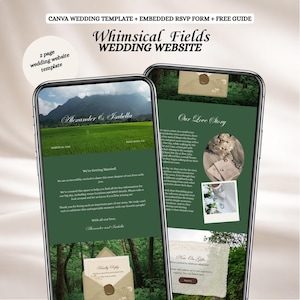 Puede incluir: Dos smartphones que muestran una plantilla de sitio web de boda. El sitio web presenta un esquema de color verde y blanco con el texto "Whimsical Fields WEDDING WEBSITE". La plantilla incluye un formulario RSVP y una guía gratuita.