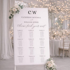 Puede incluir: Un plano de asientos de boda blanco con los nombres Catherine Mitchell y William Jones. El gráfico incluye una lista de invitados organizada por número de mesa, con arreglos florales en la parte superior e inferior.