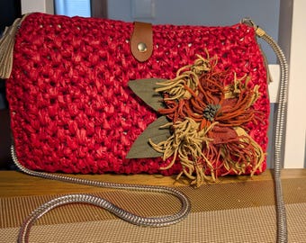 Red Raffia Bag with Handmade Flowers, Crochet Shoulder Bag, Summer Crossbody Purse, Boho Floral Handbag, Unique Gift for Her