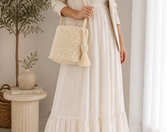 Handgehaakte Raffia Tasje, Boho Bucket Bag, Crossbody, Natuur, Handgemaakt