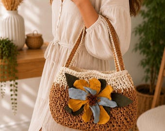 Handmade Raffia Crochet Handbag with Genuine Leather Flower – Brown & Cream
