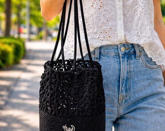 Zwarte gehaakte koordtas, polyester koord shopper, mesh markttas, handgemaakte boho strandtas, zomertas