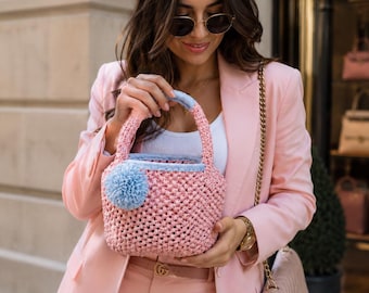 Handmade Raffia Bag with Leather Flower – Boho Summer Tote Natural Raffia