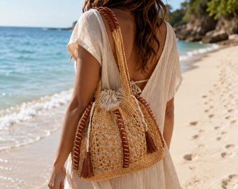 Handmade Raffia Bag with Leather Details, Boho Crochet Shoulder Bag, Summer Beach Tote, Natural Raffia Purse, Ibiza Style Bag