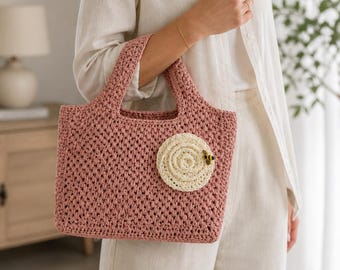 Roze gehaakte tas, handgemaakte raffia tas, zomertas, boho handtas, cadeau voor haar, esthetische tas