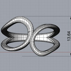 May include: A digital wireframe model of a ring featuring two interlocking, curved, loop-like shapes. The structure is rendered in black lines against a gray grid background. A vertical dimension line indicates a height of 13.64 inches.