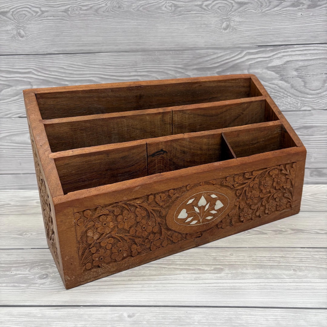 Hand Carved Wooden Letter Rack Desk Organiser Floral Inlay Vintage - Etsy