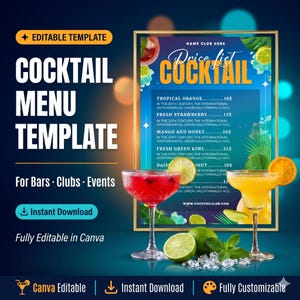 以下が含まれることがあります： 「COCKTAIL MENU TEMPLATE」という言葉が大きな白い文字で書かれたカクテルメニューテンプレート。メニューにはカクテルの名前と価格が記載された価格表があります。2つのカクテルが前景にあり、ライム、ミント、氷があります。