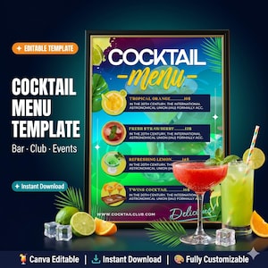 Może przedstawiać: Szablon menu koktajli w czarnej ramie, z kolorowym designem i napisem "COCKTAIL MENU". Menu prezentuje cztery opcje koktajli z cenami. Dwa koktajle są wyświetlane w szklankach, wraz z owocami i kostkami lodu.