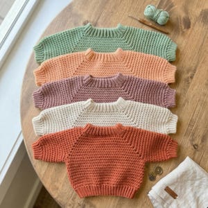 May include: Five pastel-colored, hand-crocheted sweaters are arranged on a wooden surface. The sweaters are in shades of green, peach, mauve, cream, and rust. A ball of yarn and a crochet hook are visible in the background, suggesting a handmade craft.