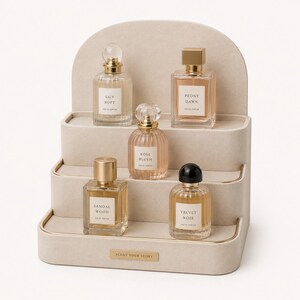 May include: A display of five perfume bottles on a tiered beige stand. The bottles are various shapes and sizes, with gold or black caps. Each bottle has a label with a fragrance name: Lily Soft, Peony Dawn, Rose Blush, Sandal Wood, and Velvet Noir.