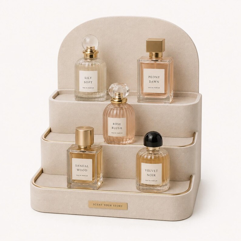 May include: A display of five perfume bottles on a tiered beige stand. The bottles are various shapes and sizes, with gold or black caps. Each bottle has a label with a fragrance name: Lily Soft, Peony Dawn, Rose Blush, Sandal Wood, and Velvet Noir.
