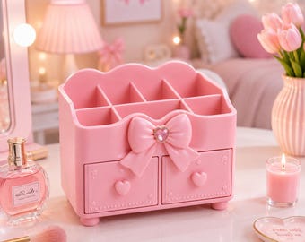Scatola portaoggetti per cosmetici Bow Beauty / Organizer per trucchi Coquette e decorazione per la toeletta (Download digitale)