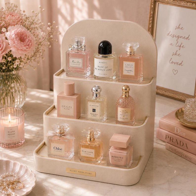 May include: A beige tiered perfume display stand holding various perfume bottles. The bottles are in different shapes and sizes, with pink, clear, and gold accents. A lit candle, flowers, and books are also in the image. The text "SCENT YOUR STORY" is visible.