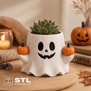 Pumpkin Pal Ghost Planter STL | Cute Halloween Succulent Pot, Spooky Ghost Flower Pot | Digital Download STL File