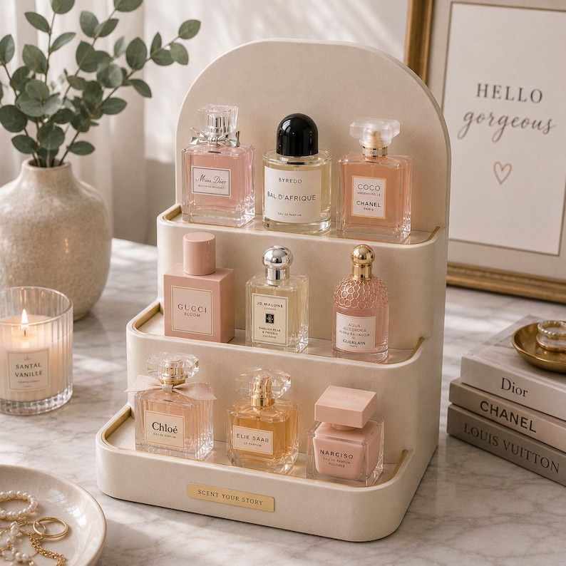 May include: A tiered, off-white perfume organizer displaying various perfume bottles. The bottles are in shades of pink, gold, and clear glass. The organizer has a gold label that reads "SCENT YOUR STORY". A framed print with the words "HELLO gorgeous" is in the background.