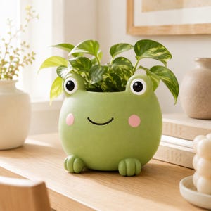 May include: A green frog-shaped planter with a smiling face, black eyes, and pink cheeks. The planter is filled with green leafy plants. The planter has small feet and is sitting on a wooden surface. A whimsical and decorative item for home decor.