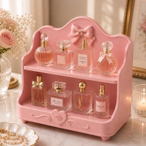 Puede incluir: Un estante de almacenamiento rosa de dos niveles con un lazo decorativo y un emblema de corazón con corona. El estante sostiene ocho frascos de perfume de vidrio de varias formas y tamaños, incluyendo marcas como Chanel, Miss Dior, YSL y Guerlain, en dos niveles.
