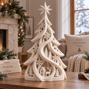 May include: A cream-coloured decorative Christmas tree sculpture featuring swirling branches, intricate snowflake cutouts, and a star topper. The base displays a small house and a deer figurine nestled among carved evergreen tree silhouettes.
