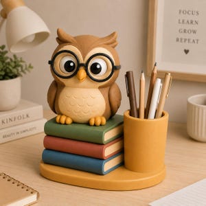 May include: A brown owl figurine wearing glasses sits atop a stack of colorful books. A yellow pen holder with pens and pencils is next to the owl. The base is yellow, and the background includes a framed print and a desk lamp.