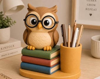 Organizzatore da scrivania a forma di gufo (file STL): decorazione per insegnanti e studenti (download digitale)