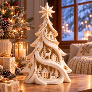EverSnow-gran i STL-format | Elegant julgransdekoration, vintergran på bord, semesterhusdisplay | Digital nedladdning i STL-format