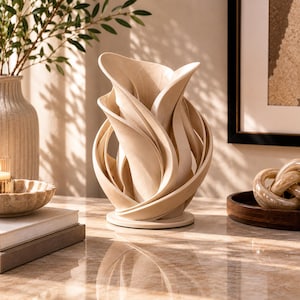 Pode incluir: Um vaso de cerâmica bege com um design escultural, apresentando múltiplas camadas curvas e sobrepostas em forma de pétalas que espiralam para cima a partir de uma base circular, criando uma estrutura aberta com um acabamento mate suave.